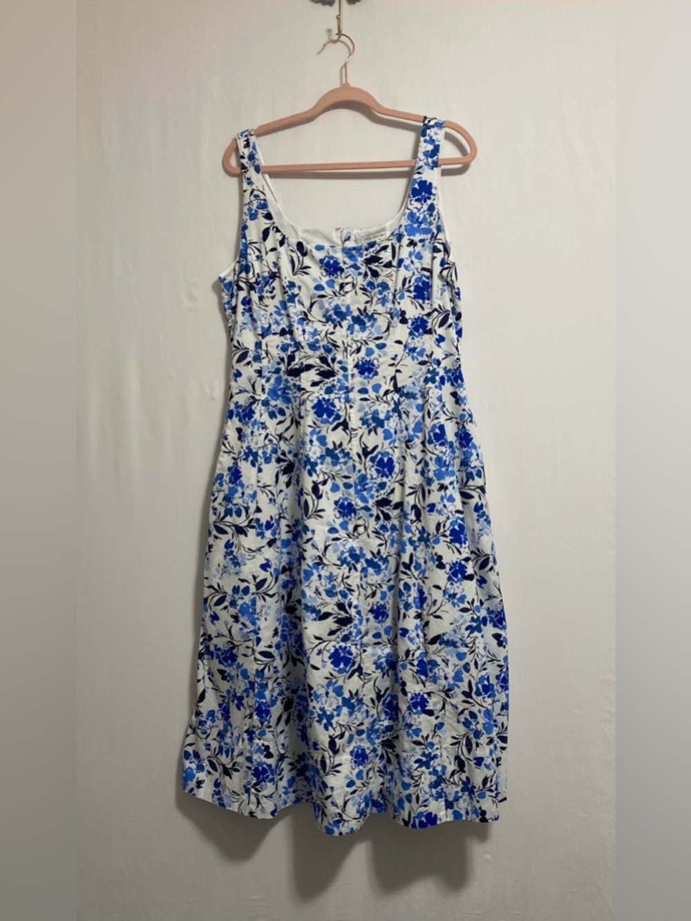 Sleeveless White Midi Dress with Blue Floral Print